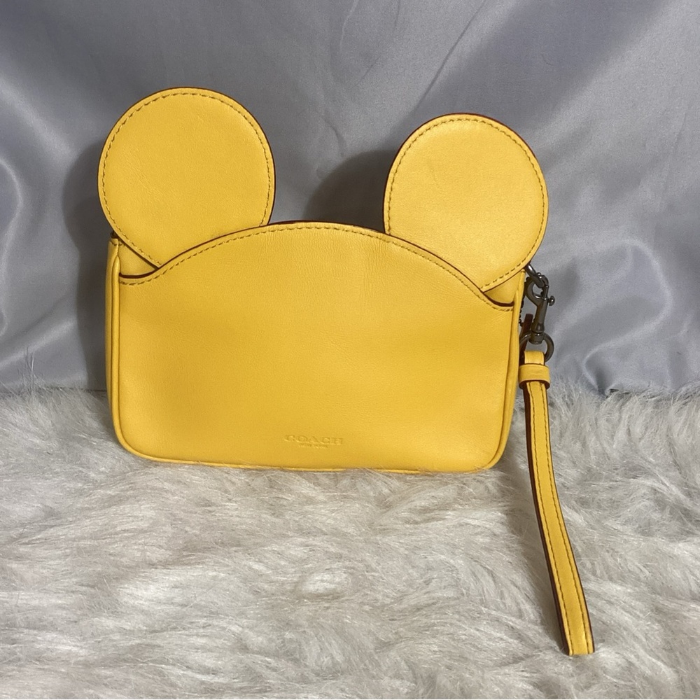 Coach X Disney Mickey Mouse Ears Yellow Leather Wristlet With Strap Clutch Bag - Picture 10 of 10